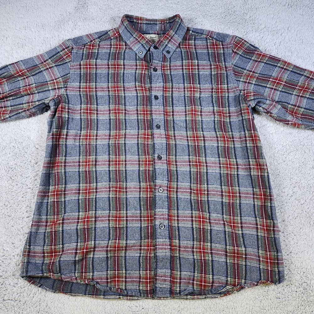 LL Bean Shirt Mens Large Grey Red Flannel Classic Button Up Traditional Fit